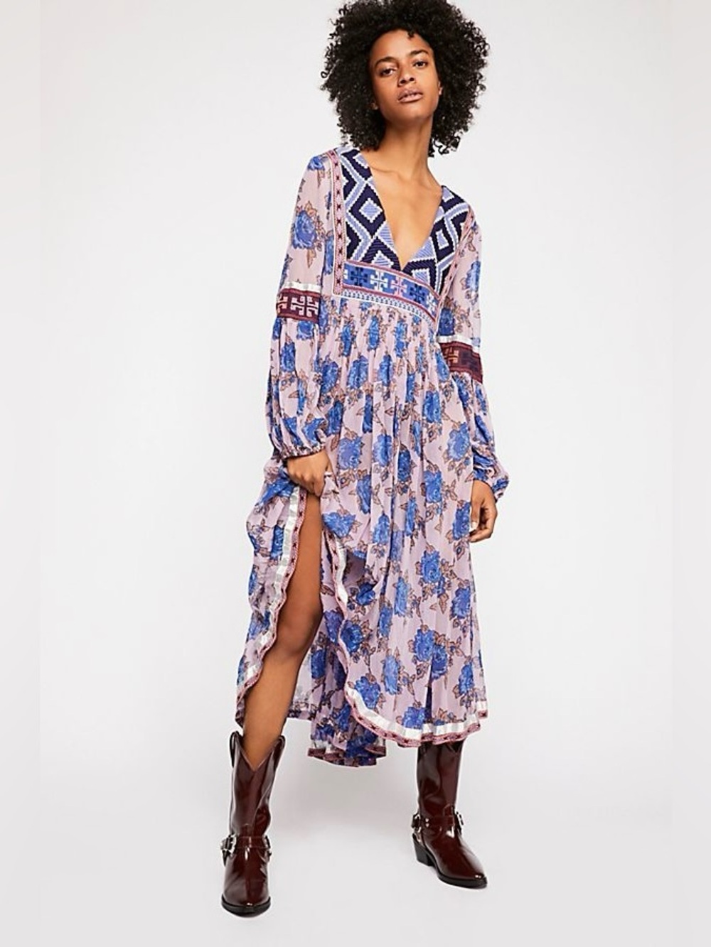 Free People Boho Bold Blooms Embroidered Long Sleeve Maxi Dress Women’s M/L